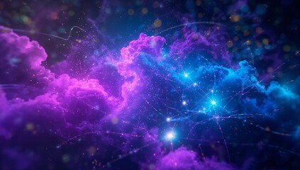 Nebula cloud formation revealing glowing cores in space, with light trails and floating particles