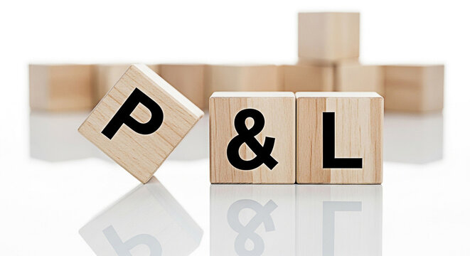 Wooden blocks spell out profit and loss on a reflective surface representing financial statements and business performance analysis clearly