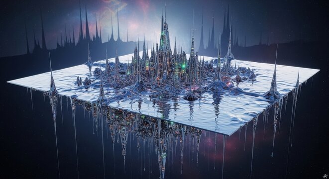 Surreal alien city floating in dark space with crystalline structures
