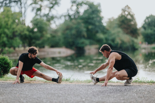 Two men in athletic wear stretch and warm up beside a calm lake in a park, showcasing outdoor fitness, friendship, and focused preparation for training.