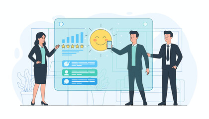 Diverse business professionals collaborating around a futuristic holographic interface displaying customer feedback, star ratings, and positive sentiment analysis, highlighting technology and