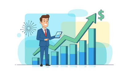 Dynamic illustration of a smiling businessman in a blue suit confidently analyzing a rising stock market chart on a tablet, with a prominent green upward arrow and dollar sign symbolizing financial