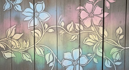 Close-up of a colorful floral design painted on wooden planks with pastel hues