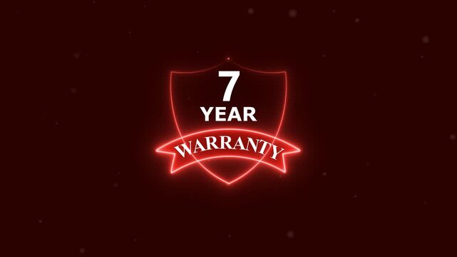 Glowing neon line 7 Year Warranty Badges Design Animation, Alpha channel, transparent background. 4K resolution 7 Year Warranty with Shield guarantee Support service icon. Customer trust quality
