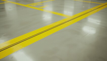 Showing bright yellow floor markings running diagonally across industrial concrete floor