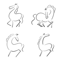 墨絵のスタイリッシュな馬のポーズセット　2026正月素材・モノクロ