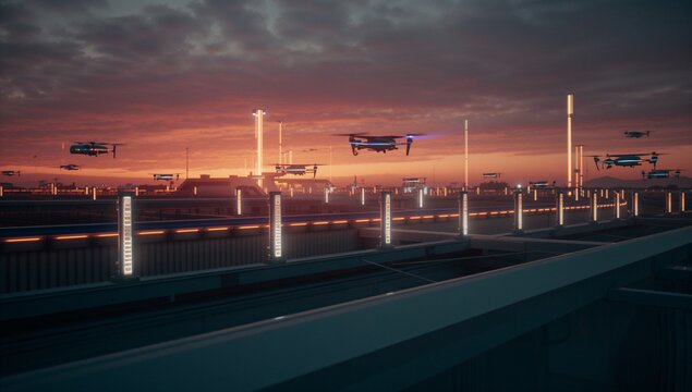 Hovering swarm of autonomous drones traversing futuristic platform at dusk, with lit pillars