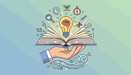 A hand holds an open book from which a glowing lightbulb emerges, symbolizing knowledge and new ideas. Surrounding the lightbulb are icons representing learning and discovery: a magnifying glass, a