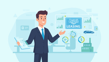 Modern business concept illustration of a smiling businessman presenting a leasing deal with handshake icon, charts, car, factory, and calculator, symbolizing financial services and asset acquisition