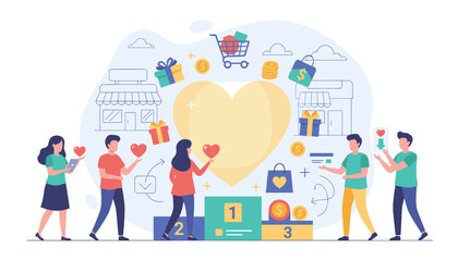 Loyalty program concept with people interacting with rewards, gifts, shopping bags, credit cards, and coins around a large heart, symbolizing customer appreciation and engagement in a business
