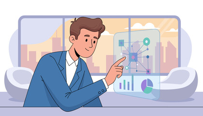 Modern businessman in a blue suit interacting with a futuristic holographic interface displaying data charts and network diagrams, set against a city skyline background, representing technology and