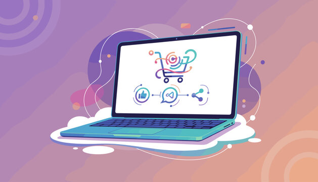 Vibrant illustration of a modern laptop displaying a stylized shopping cart icon with social media symbols like 'like', 'share', and 'comment' integrated, symbolizing online shopping and digital