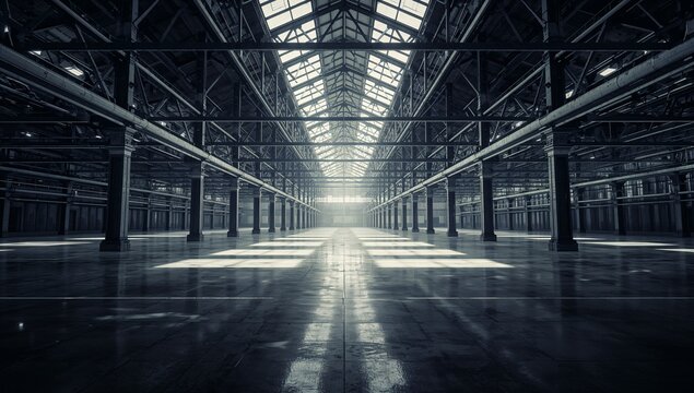Showing steel columns running in warehouse, with steel trusses, skylights, polished concrete floor
