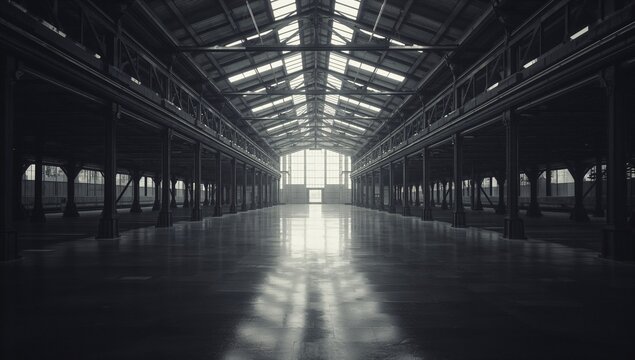 Showcasing industrial hall with steel columns and railings, skylights and polished concrete floor - Powered by Adobe