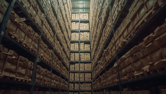 Showing central shelving unit stretching along warehouse aisle, with steel racks and stacked boxes