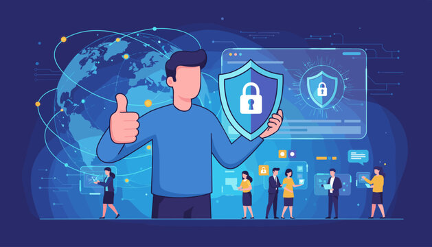 Digital security concept with a man giving a thumbs up, holding a shield with a padlock icon, against a backdrop of the Earth and data streams, symbolizing global cybersecurity and protection of