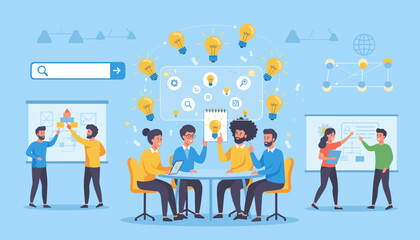 Diverse team of professionals collaborating on business ideas, brainstorming innovative solutions with glowing lightbulbs symbolizing creativity and inspiration, presented in a modern flat design