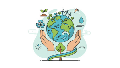 Hands cradle the Earth, symbolizing environmental responsibility and protection, with icons of renewable energy like wind turbines and solar panels, recycling symbols, a growing seedling, a tree