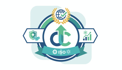 Abstract emblem representing top-tier service quality assurance and business growth, featuring icons for partnership, global reach, scientific advancement, and ISO certification, symbolizing