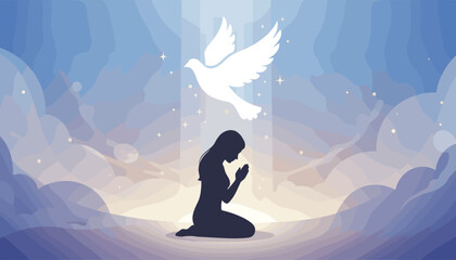 Silhouette of a woman kneeling in prayer with her hands clasped, bathed in a divine light beam from a white dove soaring above, against a backdrop of ethereal clouds and sparkling stars, symbolizing