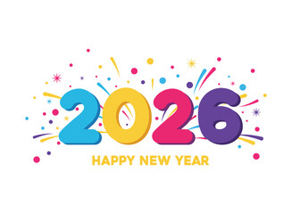 Happy new year 2026 with colorful numbers and confetti