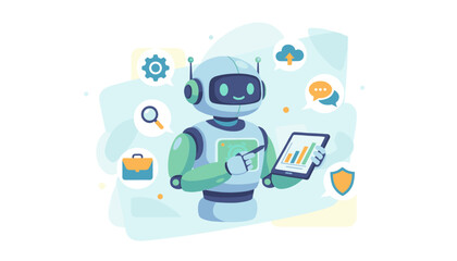Modern flat illustration of a friendly robot assistant, holding a tablet with financial charts and graphs, surrounded by icons representing business, technology, and communication, symbolizing AI and