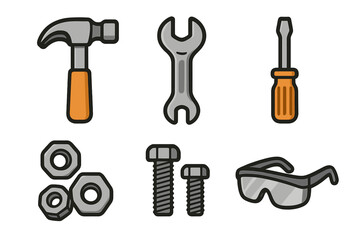 Set of construction and repair tools including hammer wrench screwdriver bolts nuts and safety glasses