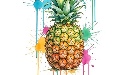 Watercolor Pineapple Art - Tropical Fruit with Vibrant Splashes.