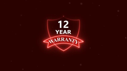 Glowing neon line 12 Year Warranty Badges Design Animation, Alpha channel, transparent background. 4K resolution 12 Year Warranty with Shield guarantee Support service icon. Customer trust quality