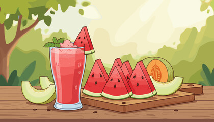 Refreshing Summer Delight: A vibrant watermelon smoothie in a tall glass, garnished with mint and a watermelon slice, sits on a wooden table alongside perfectly sliced watermelon wedges and juicy