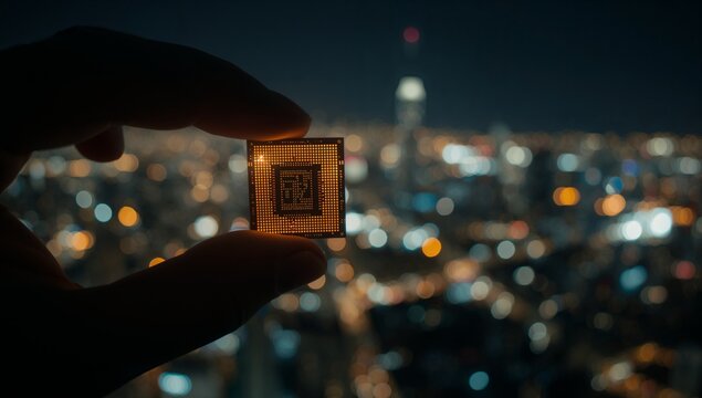 Pinching human hand holding glowing microchip against blurred city skyline with orange bokeh lights - Powered by Adobe