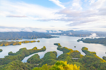 Naklejka premium Aerial landscape of green islands and blue lake in Chungcheongbuk-do