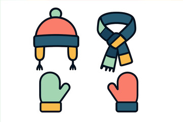 Colorful set of warm winter accessories: hat, striped scarf, and cozy mittens