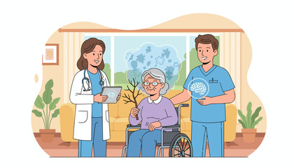 Elderly woman in wheelchair with doctors, symbolizing memory loss and cognitive decline, with puzzle pieces and brain imagery representing Alzheimer's and Parkinson's disease, emphasizing care and