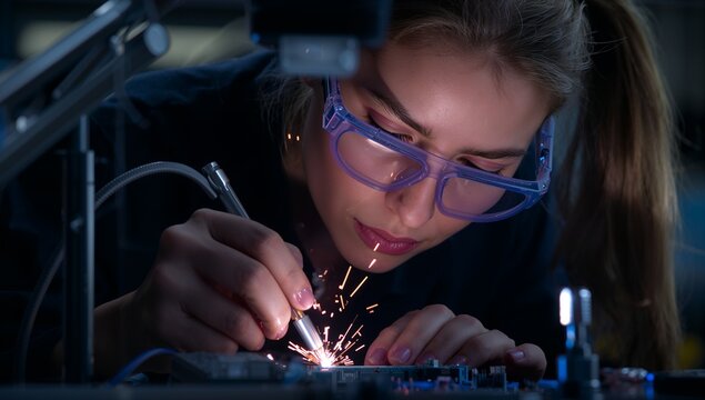 Leaning woman wearing goggles soldering circuit board at maker lab, with bright sparks flying