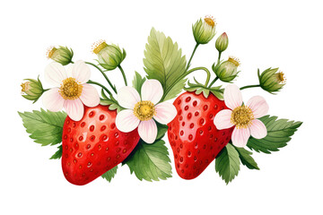 Fresh Strawberries with Flowers and Leaves isolated on transparent background Remove png