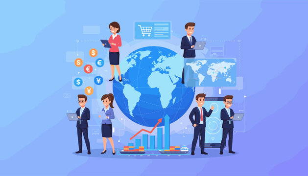 Global business professionals leverage digital technology and e-commerce platforms for international trade, financial transactions, and logistics, depicted with a world map, currency symbols, and - Powered by Adobe