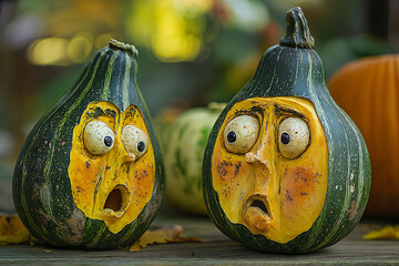 Shocked Gourds with Carved Faces &ndash; Dramatic Autumn Expression.