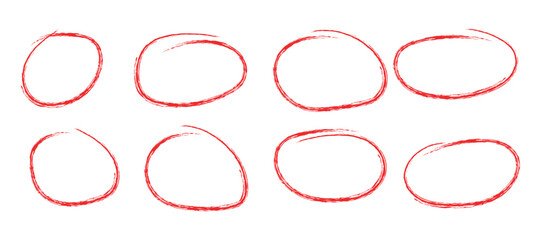 Circle red hand drawn doodle oval shape set. sketch mark, highlight round frame border design element. vector illustration.
