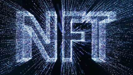 Animated NFT text glowing with sparkles and radiating effects. Digital art and cryptocurrency concept. Blockchain technology visualization footage - Powered by Adobe