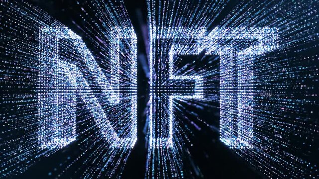 Animated NFT text glowing with sparkles and radiating effects. Digital art and cryptocurrency concept. Blockchain technology visualization footage - Powered by Adobe