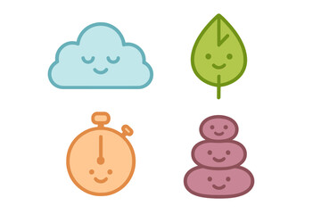 Cute icons representing wellness, nature, time management, and relaxation symbols