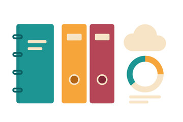 Colorful office binders and folders with cloud storage symbol and segmented data analysis chart