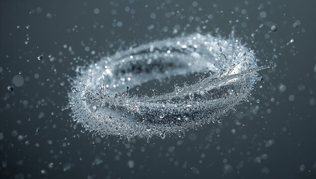 Rotating ring of water droplets swirling in studio void, with scattered smaller droplets