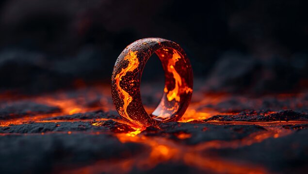 Resting molten-patterned ring glowing on dark volcanic rock, with magma fissures lighting surface - Powered by Adobe