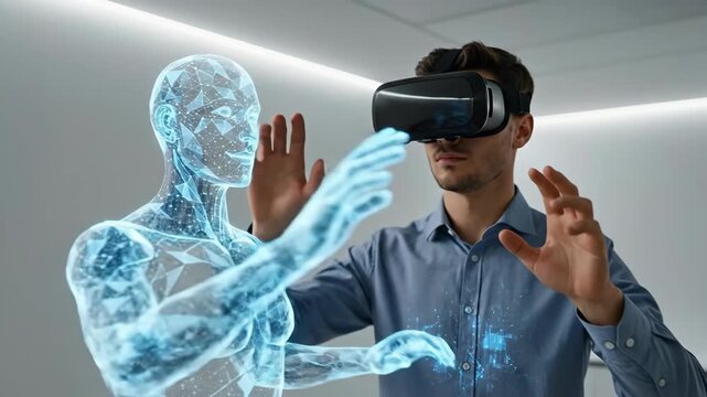 Man using VR headset to interact with holographic blue avatar. Virtual reality digital interaction and augmented reality experience. Futuristic technology animation footage