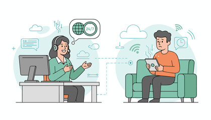 Customer service hotline operator wearing headset and smiling, assisting a confused customer holding a tablet, symbolizing 24/7 global support and digital communication challenges in a modern flat