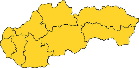 Yellow vector political map of Slovakia national outline with all 8 regions (kraje) internal boundaries, filled with a solid yellow color, presented as a map of the Central European country.