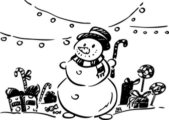 A Happy Snowman Surrounded by Cheerful, Festive Gifts and Joyous Treats for Everyone