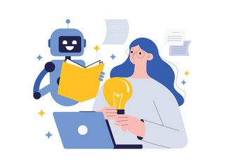 Ai robot assistant holding book and learning from data. Vector art of woman with robot reading a book. vector illustration